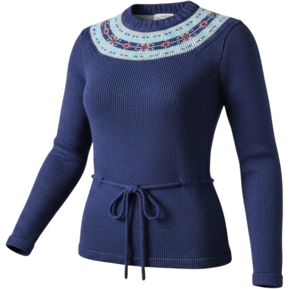 Vintage 70s Sweater Navy Blue Fair Isle Yoke Knit Belted M
